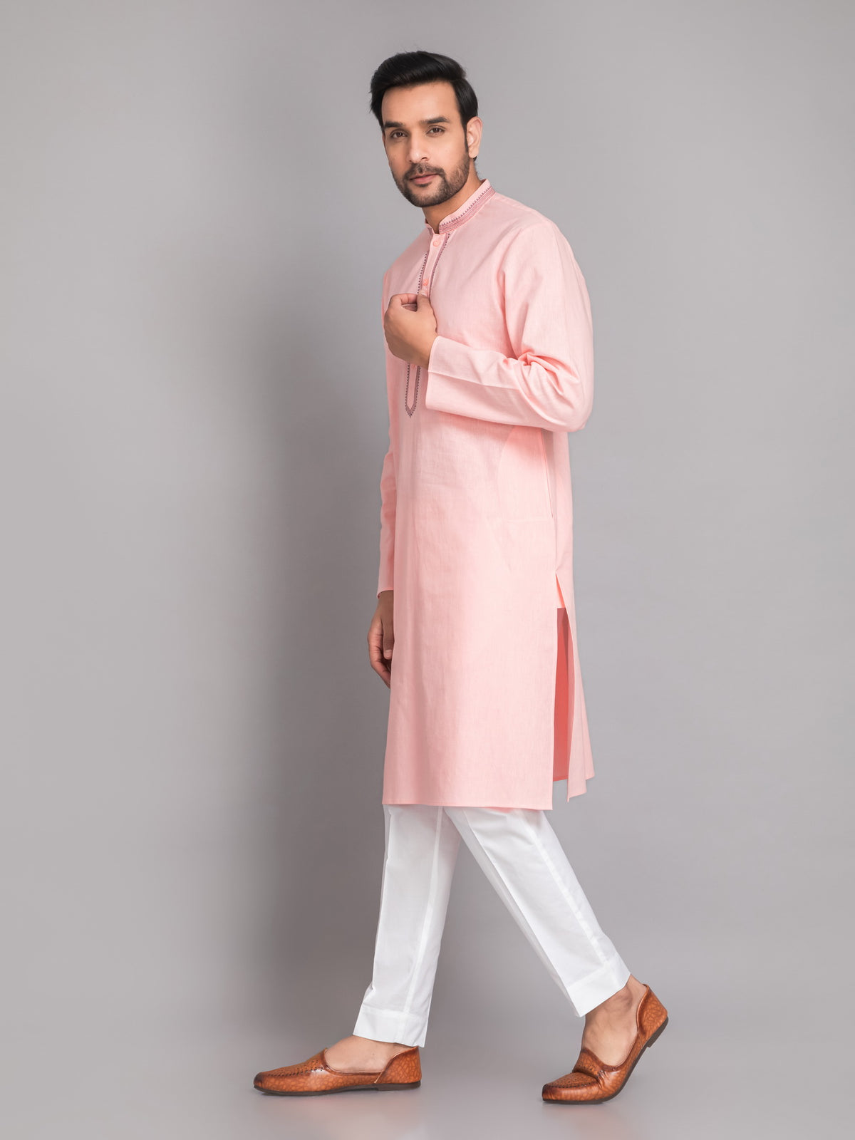 Suti Mens Pink Cotton Linen Neckline Embroidered Regular Fit Long Kurta