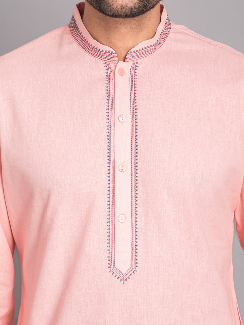 Suti Mens Pink Cotton Linen Neckline Embroidered Regular Fit Long Kurta