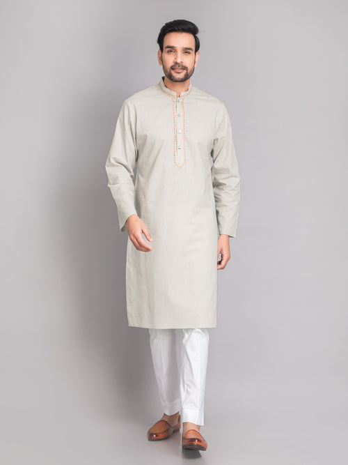 Suti mens's White Cotton Linen Neckline Embroidered Comfort Fit Long Kurta