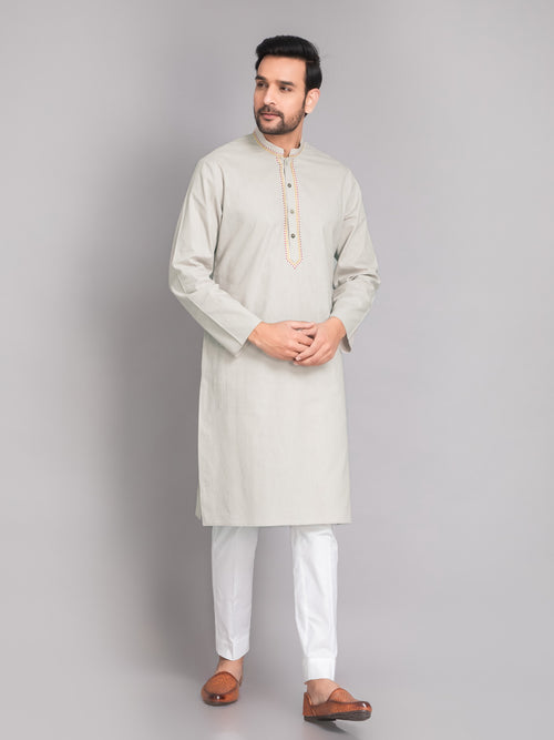 Suti mens's White Cotton Linen Neckline Embroidered Comfort Fit Long Kurta