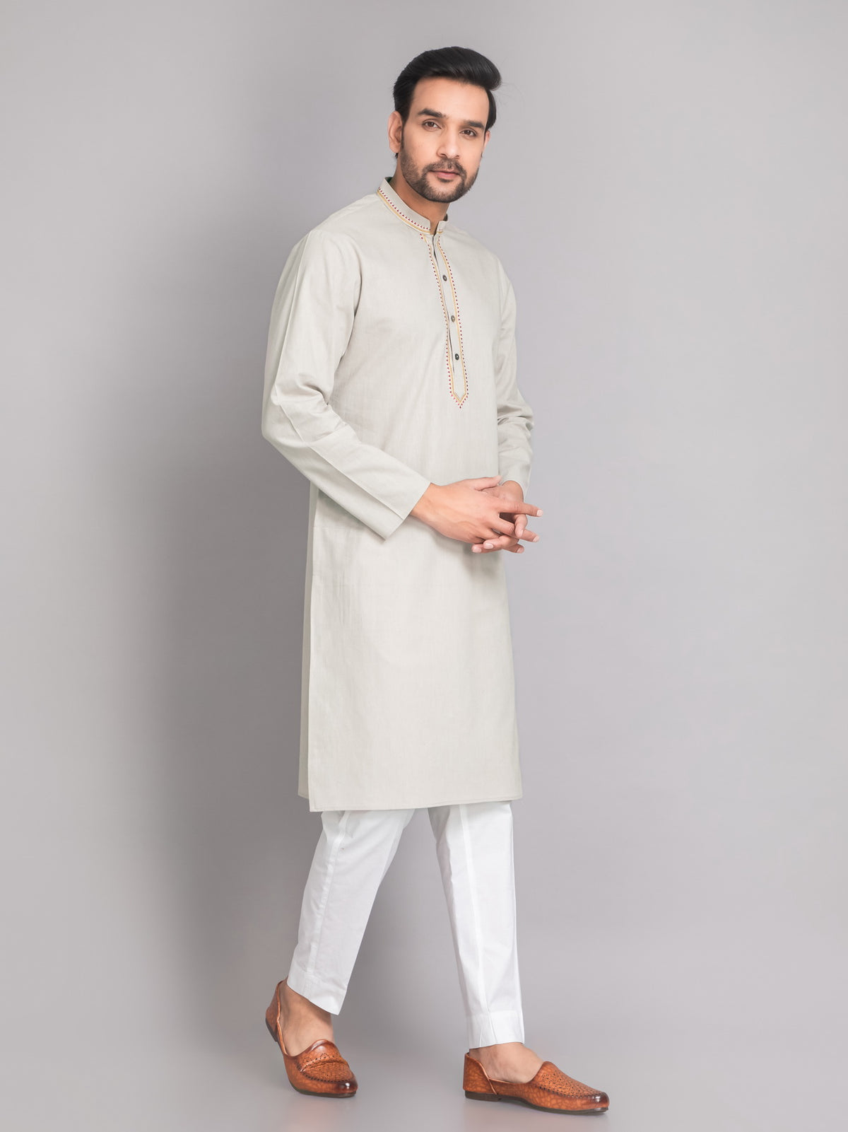 Suti mens's White Cotton Linen Neckline Embroidered Comfort Fit Long Kurta