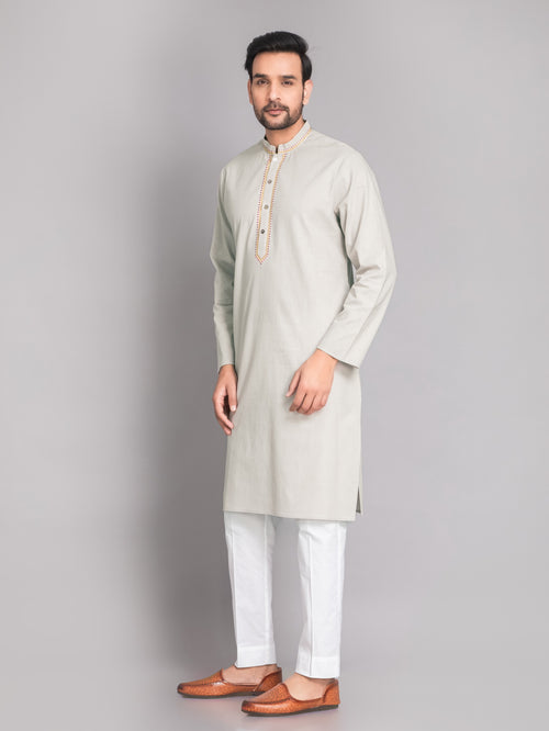 Suti mens's White Cotton Linen Neckline Embroidered Comfort Fit Long Kurta