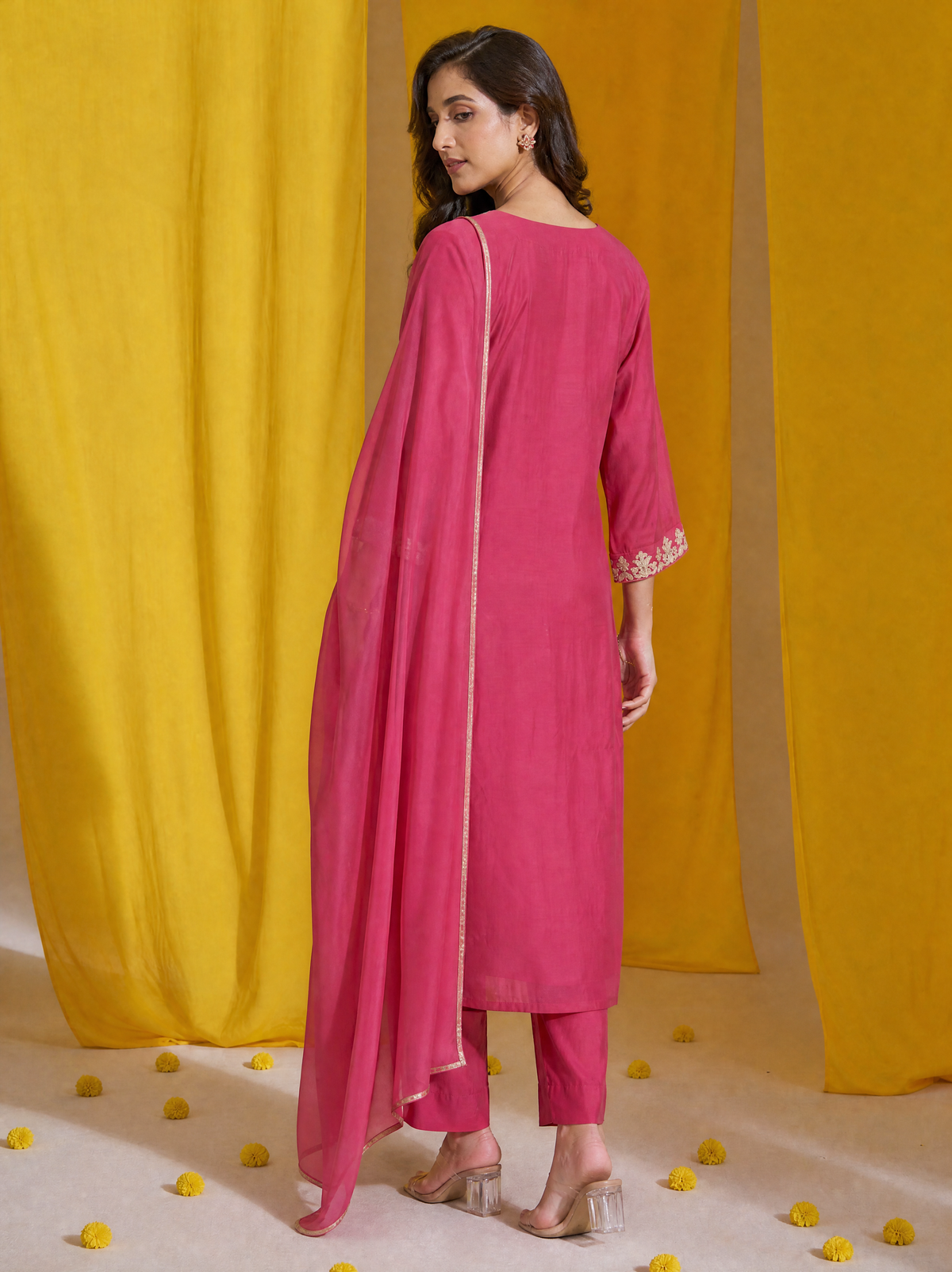 Raspberry Wine Straight Fit 3 Pcs Kurta Set with Dori Embroidery
