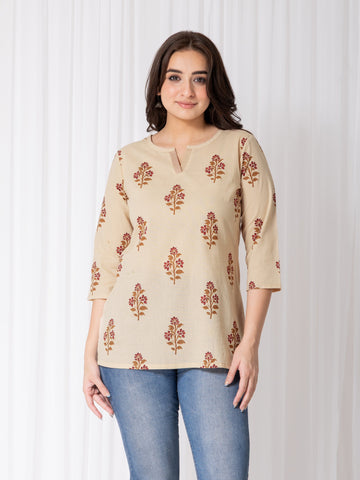 Grey Sand Short Kurti in Mul Cotton