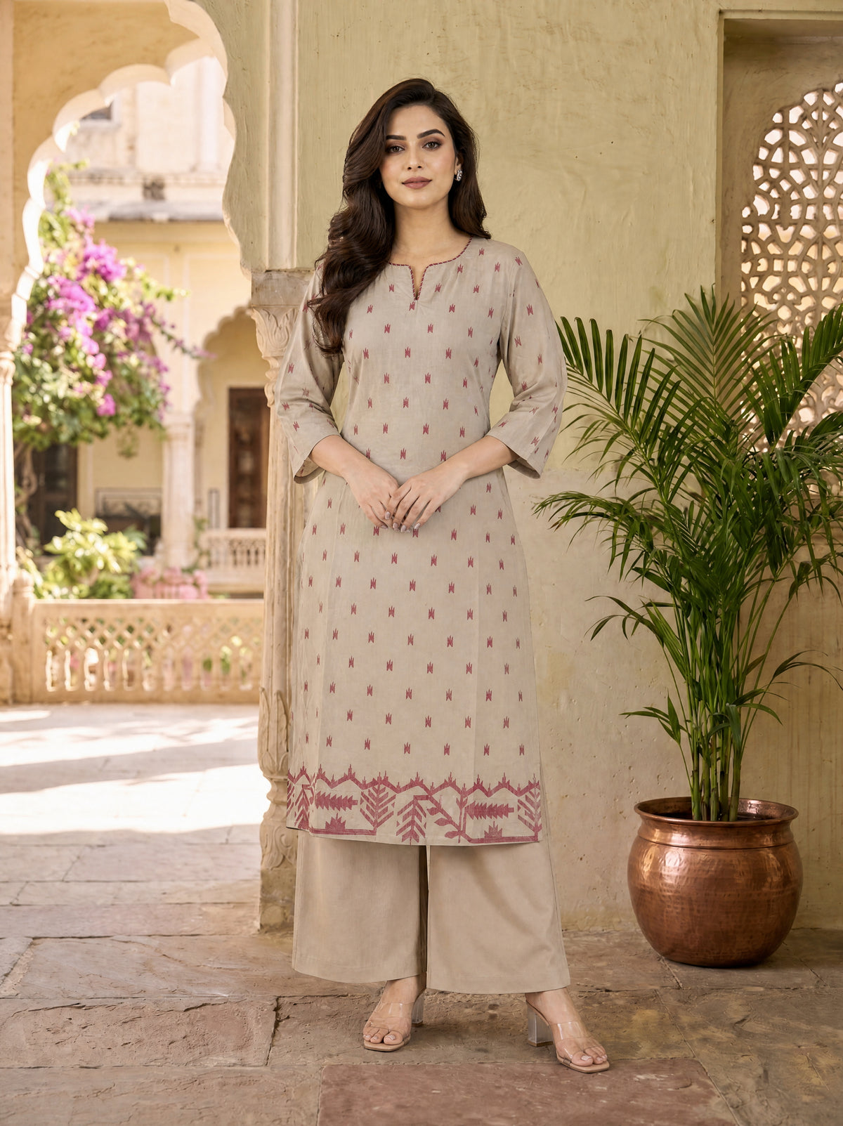 Taupe Cotton Cambric Regular Fit Procion Print Long Kurti