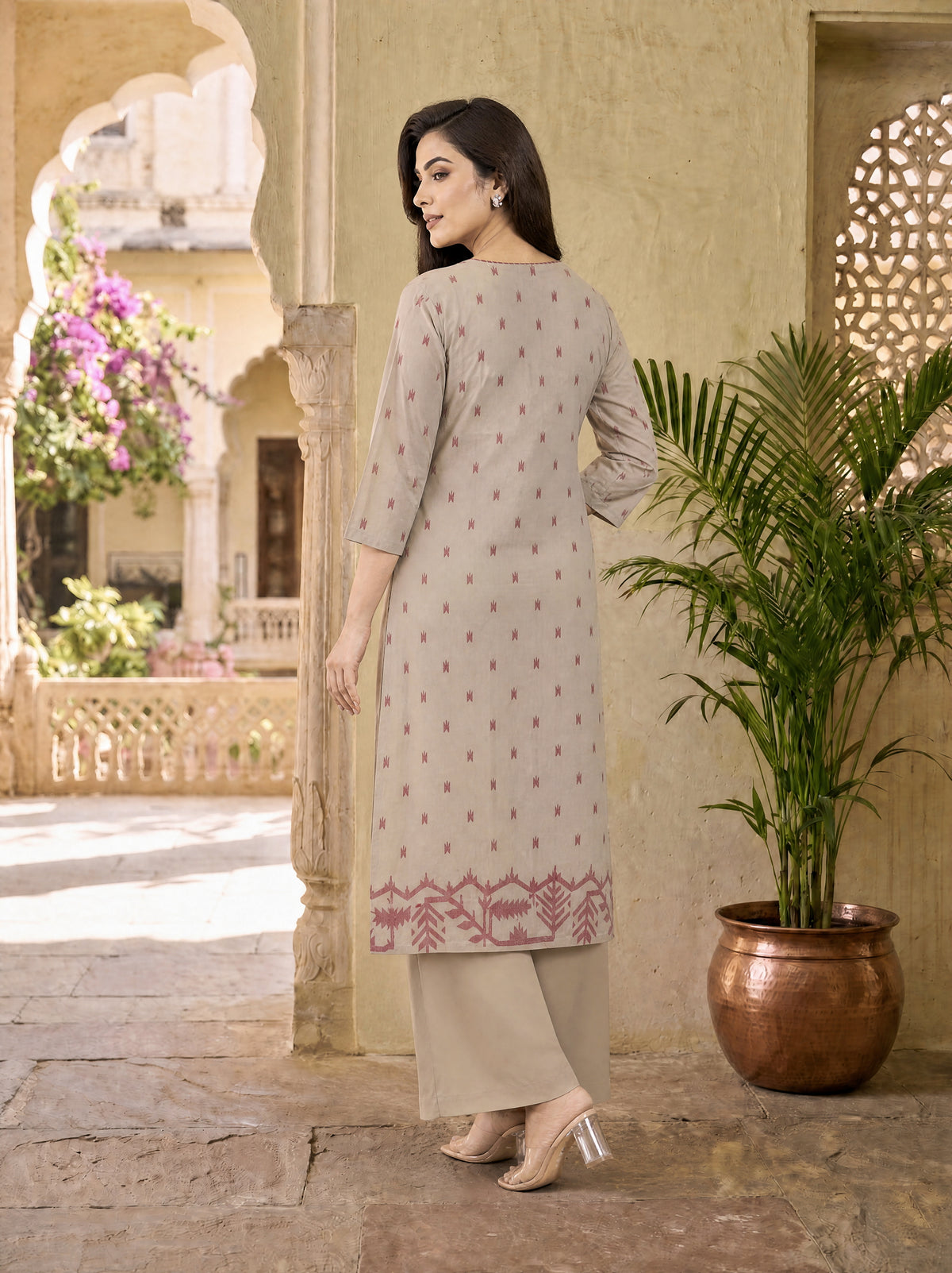Taupe Cotton Cambric Regular Fit Procion Print Long Kurti