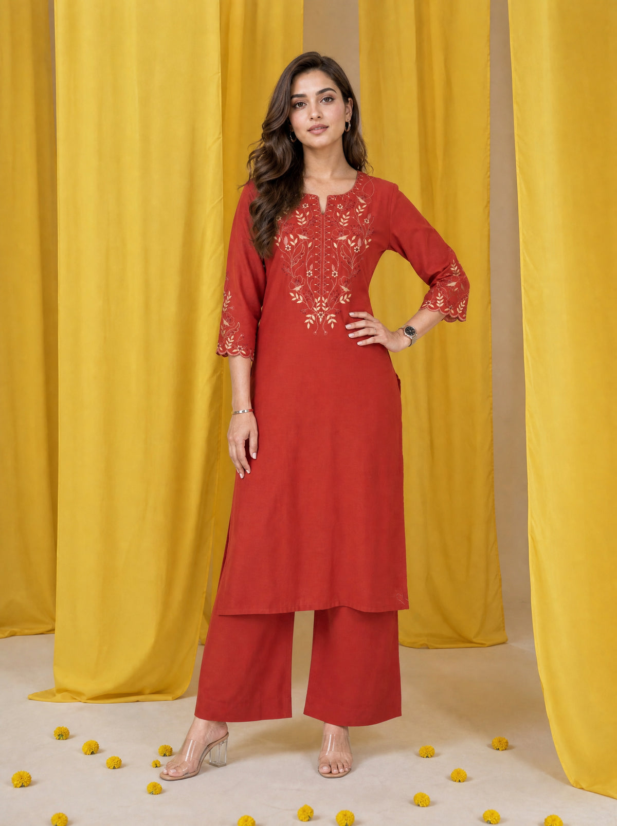 Rust Red Rayon Linen Straight Fit 2 Pcs Kurta Set with Kashmiri-Inspired Embroidery