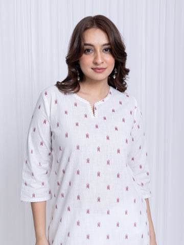 White Maroon Kurti in Cotton Slub