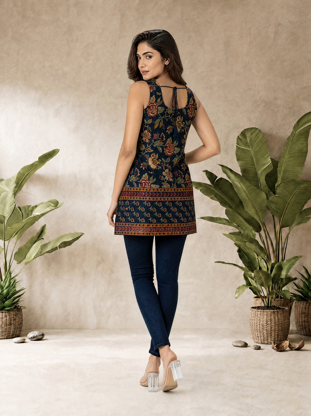 Indigo Blue Cotton Cambric Straight Fit Floral Print Sleeveless Short Kurti