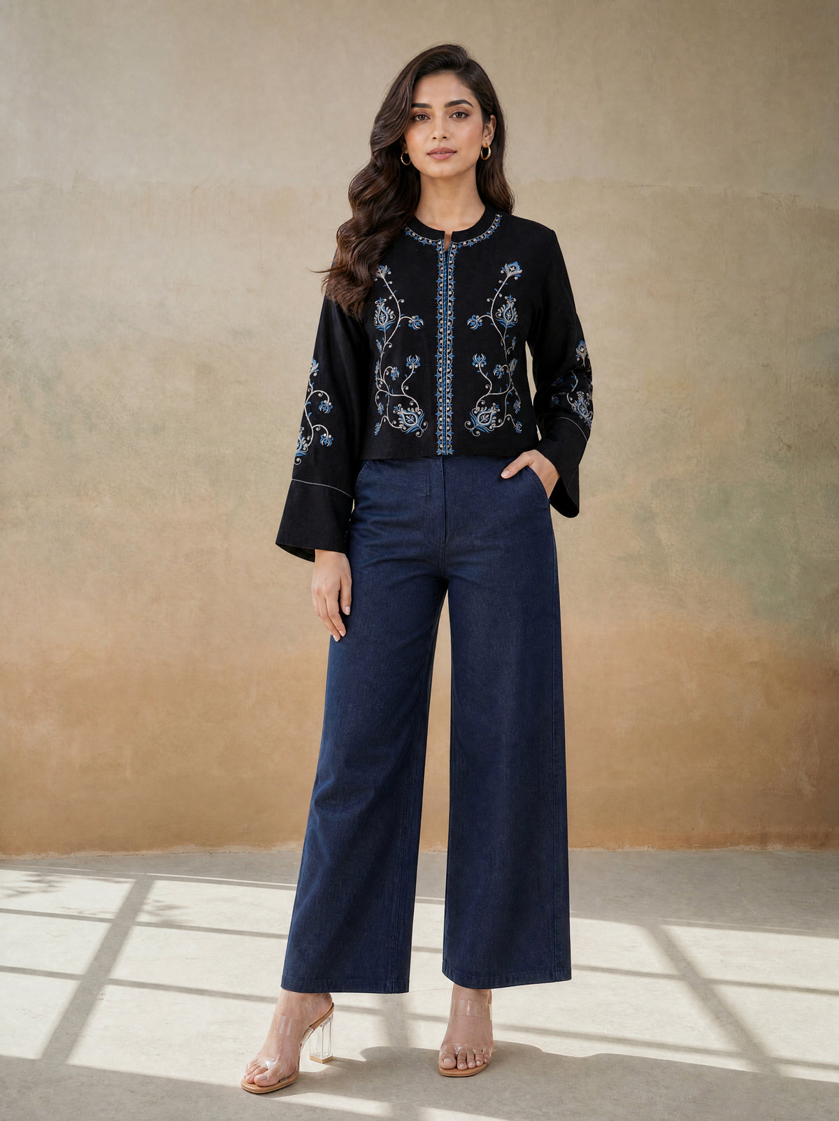 Natural and Black Rayon Linen Comfort Fit Embroidered Jacket