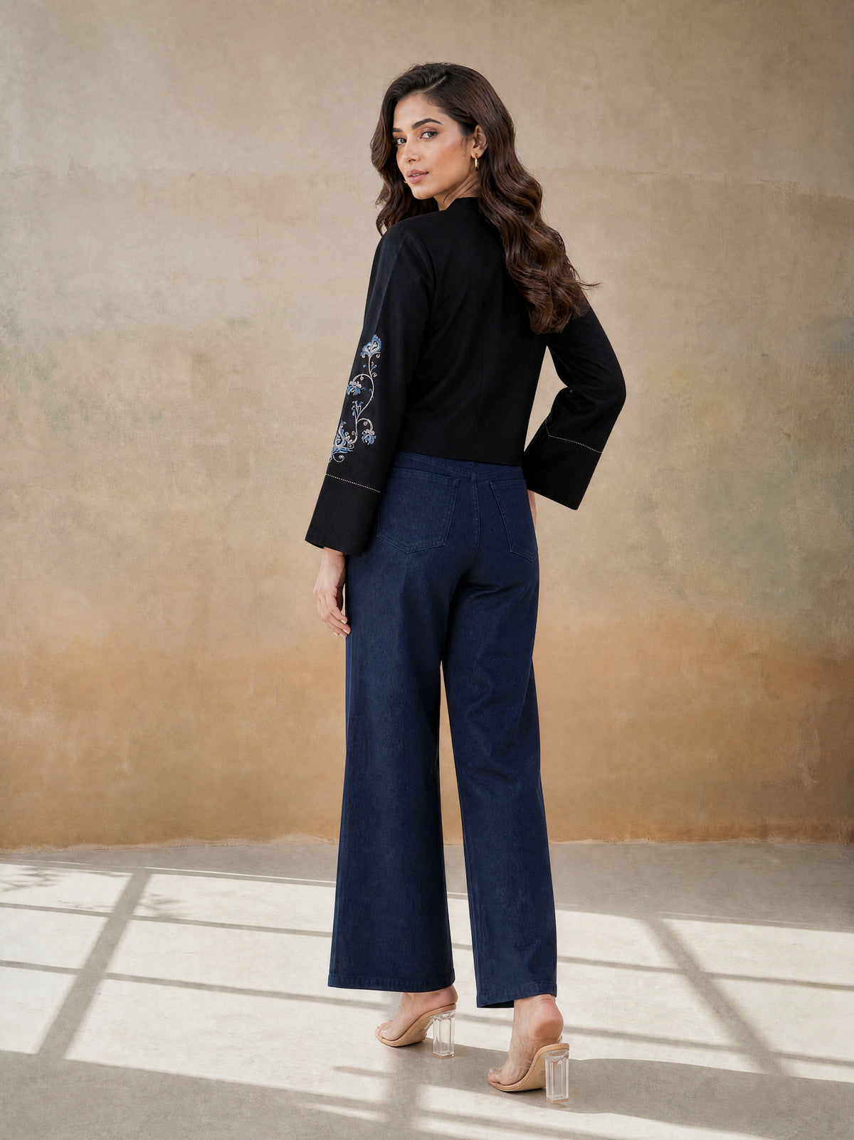 Natural and Black Rayon Linen Comfort Fit Embroidered Jacket