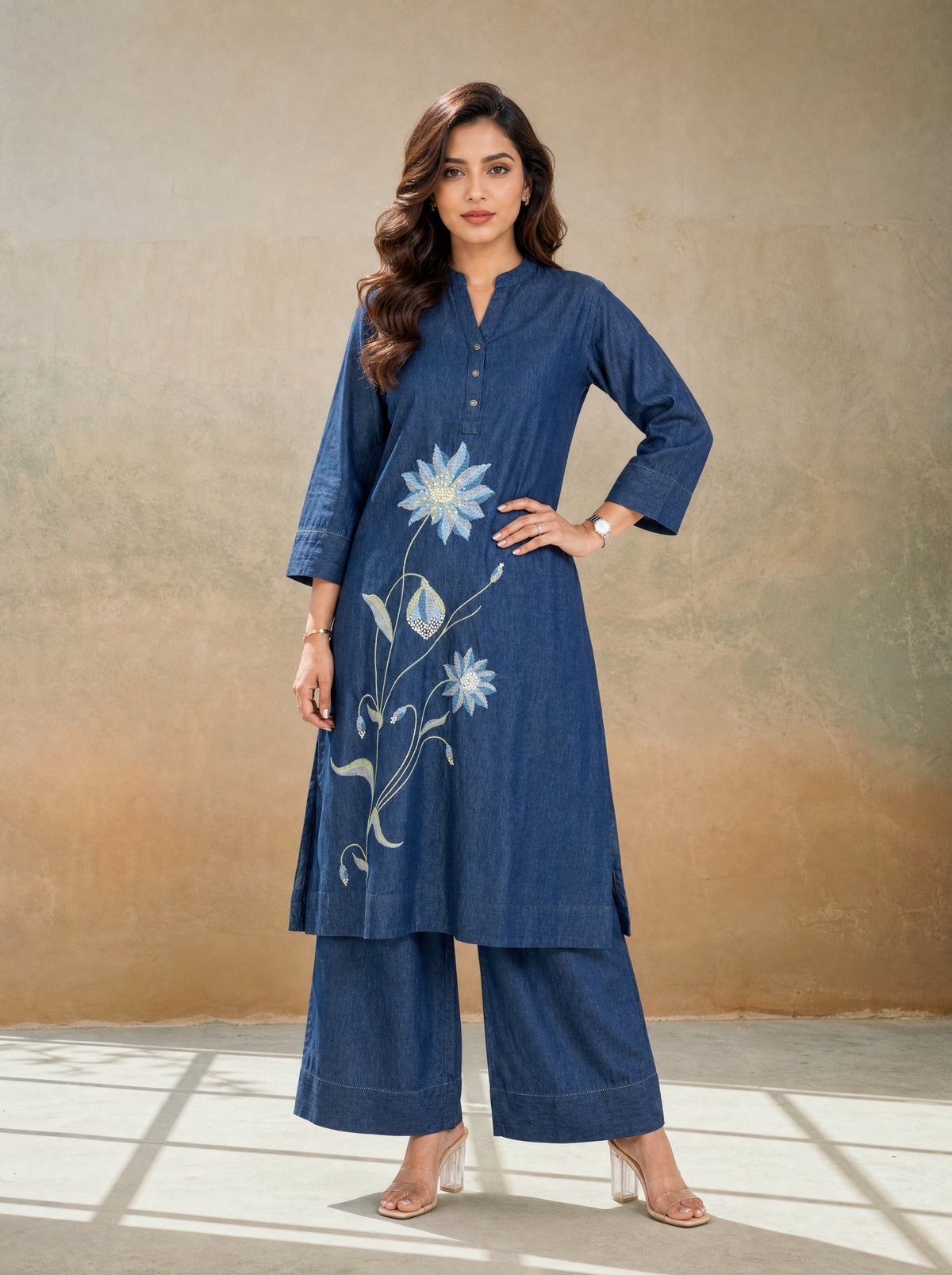 Denim Blue Straight Fit Embroidered 2 Pcs Denim Kurta Set with Mandarin Collar