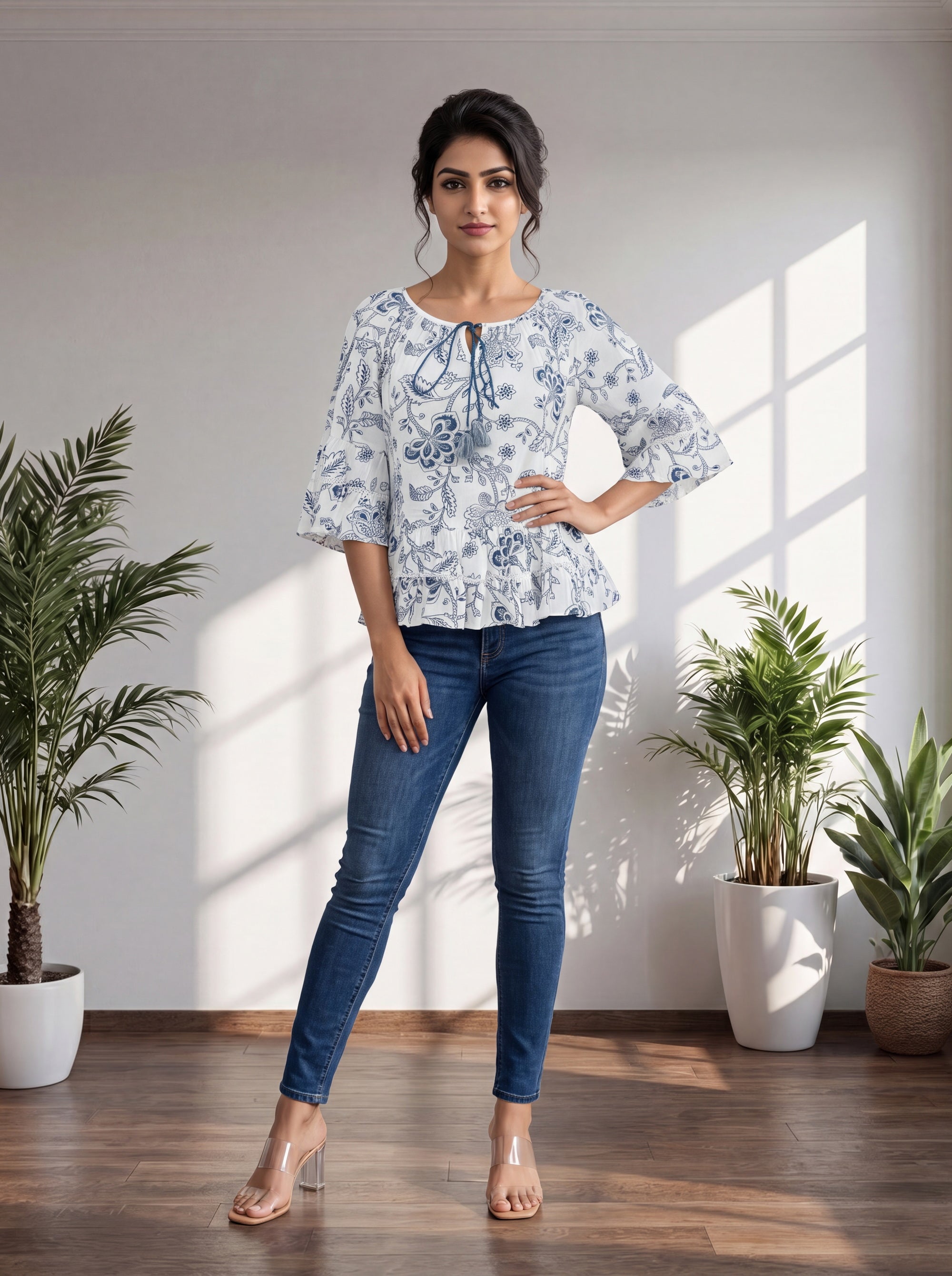 Navy Blue Top in Rayon Ethnic Wear