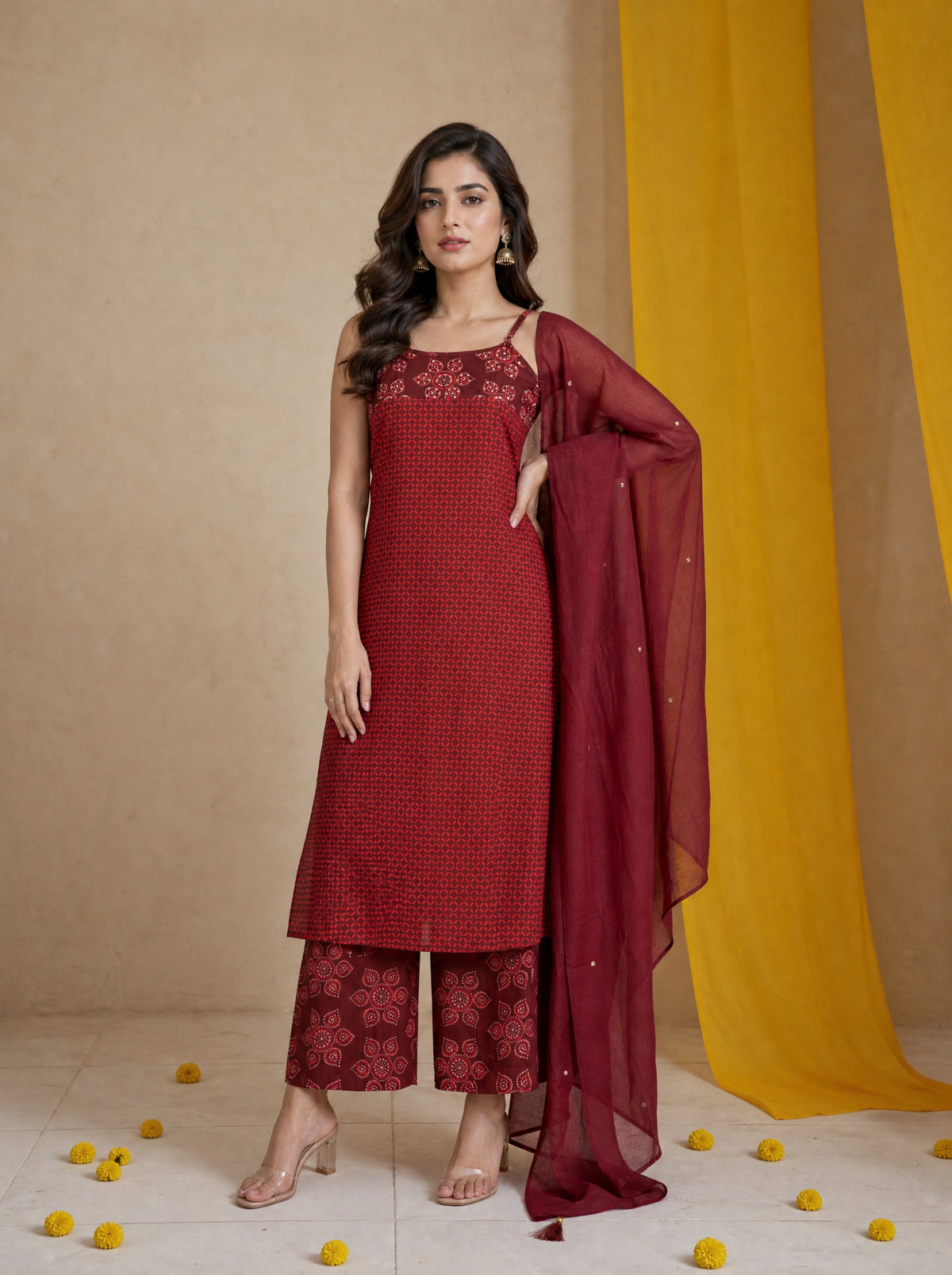 Bagru Red Cotton Cambric Comfort Fit Printed 3 Pcs Kurta Set