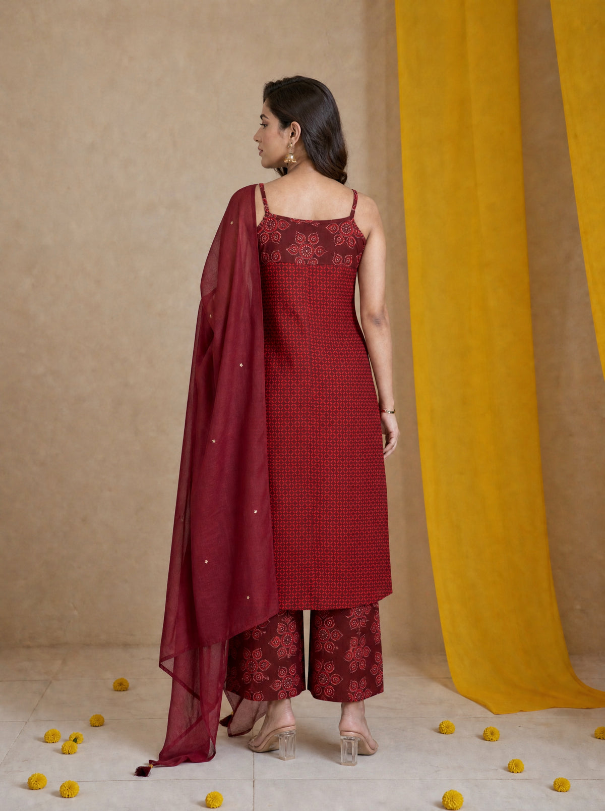 Bagru Red Cotton Cambric Comfort Fit Printed 3 Pcs Kurta Set