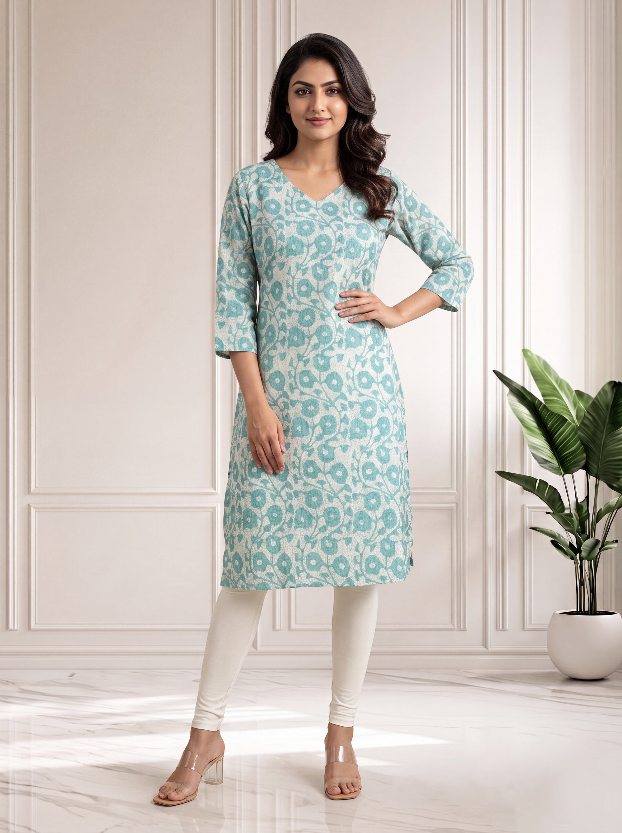 Sea Green Knee Length Kurti in Mul Cotton