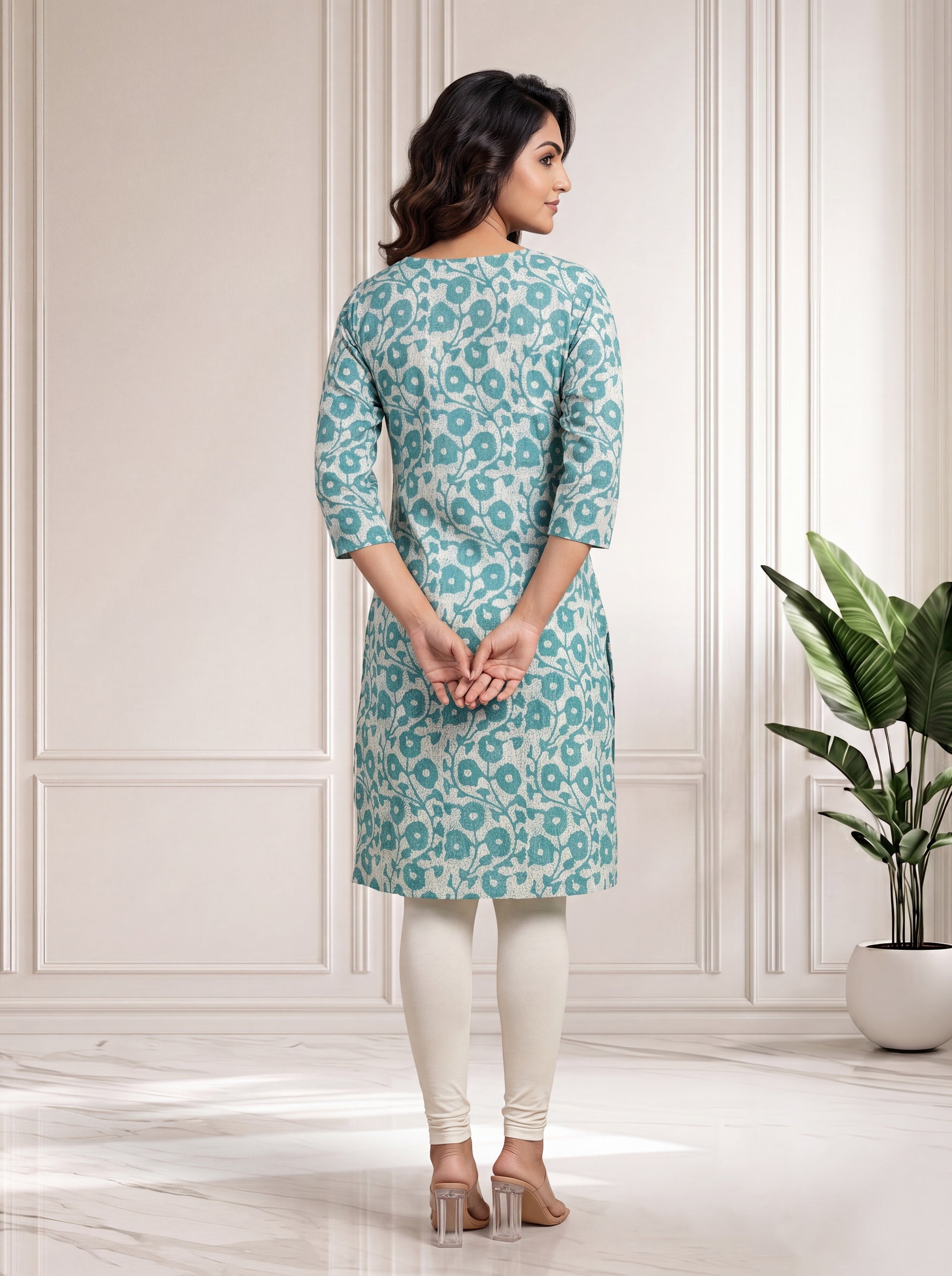 Sea Green Knee Length Kurti in Mul Cotton