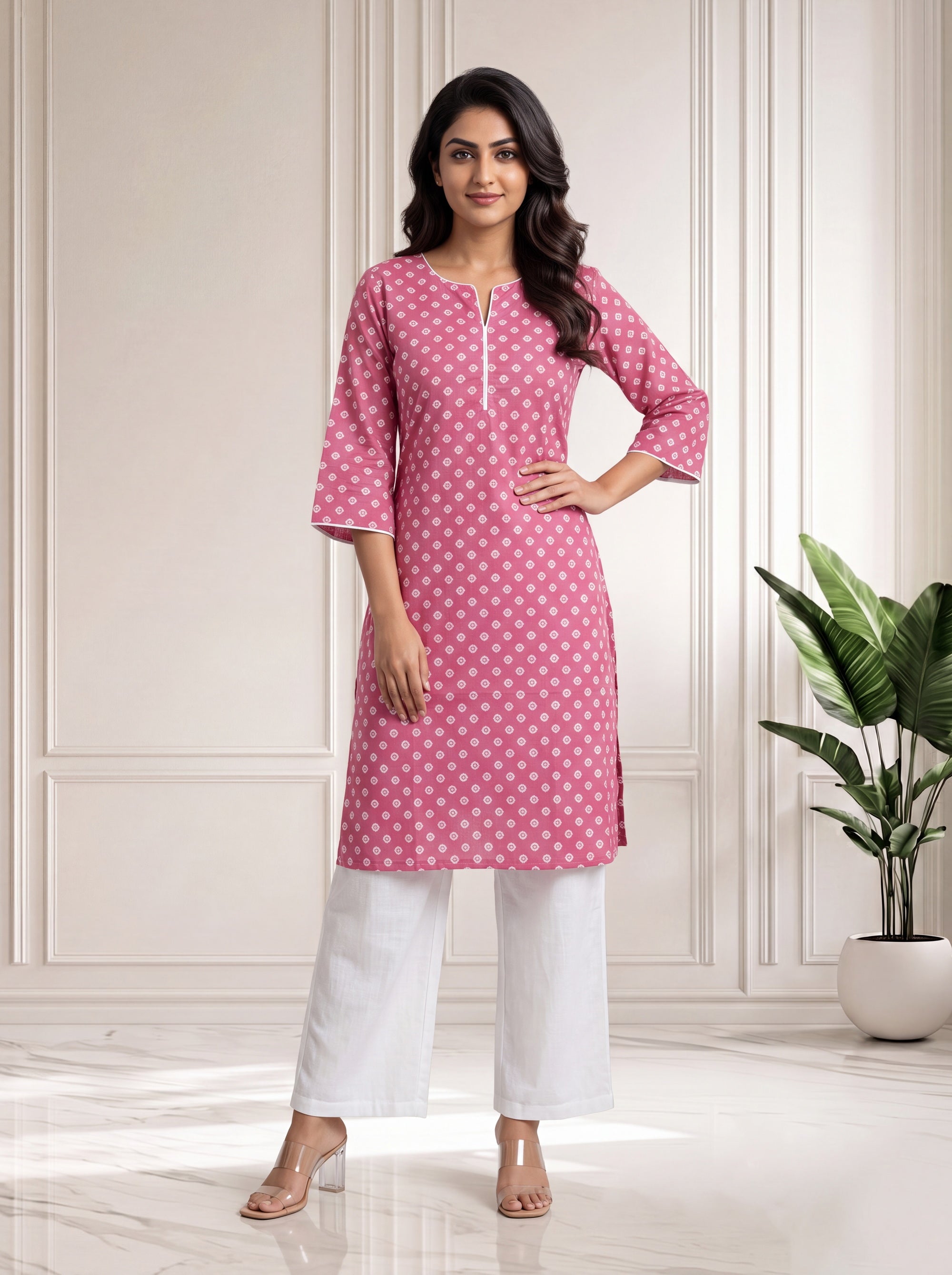 Pink Long Kurti in Mul Cotton
