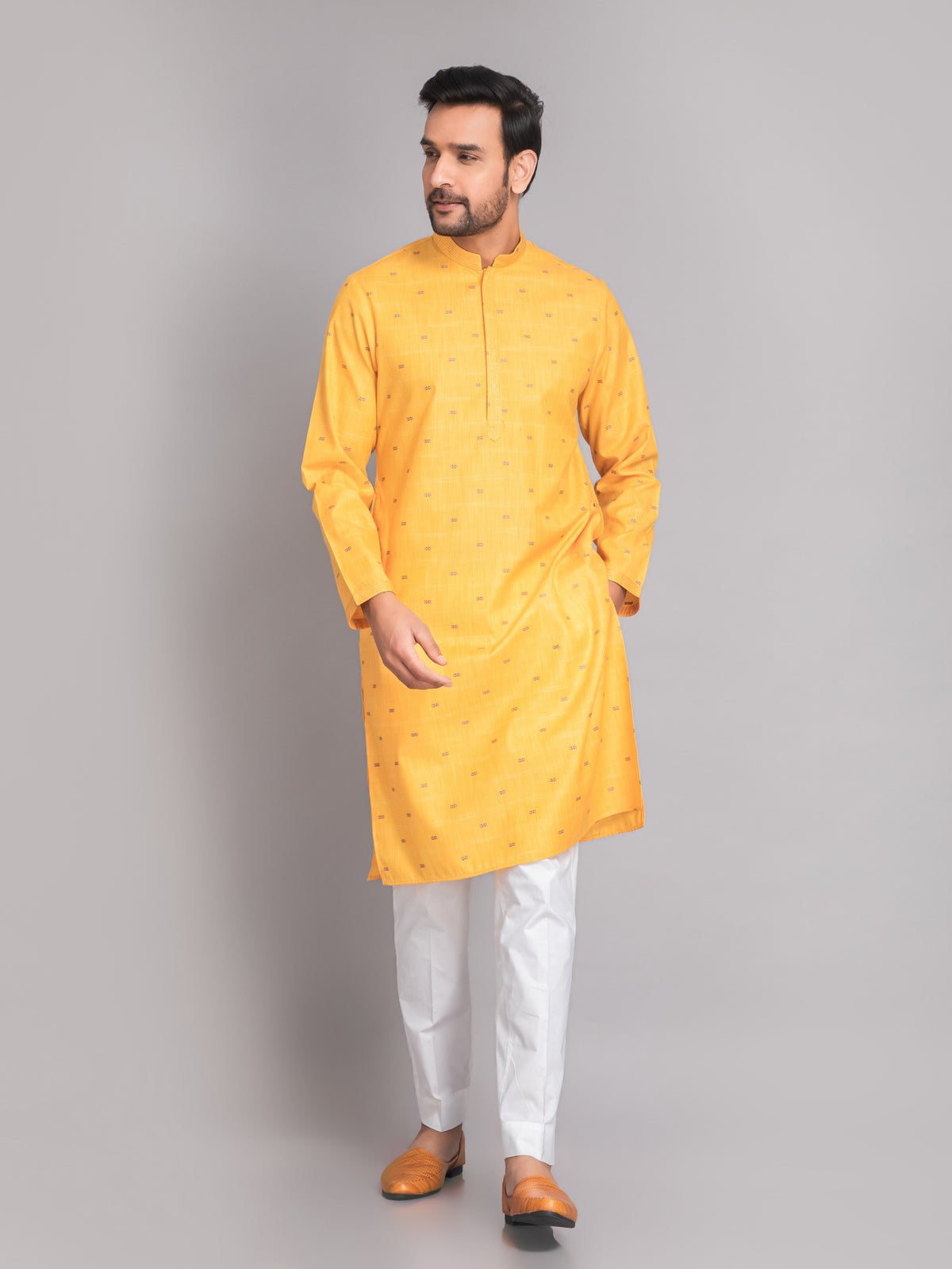 SUTI MEN'S GOLDEN YELLOW CHAMBRY JACQUARD NECKLINE EMBROIDERED LONG KURTA