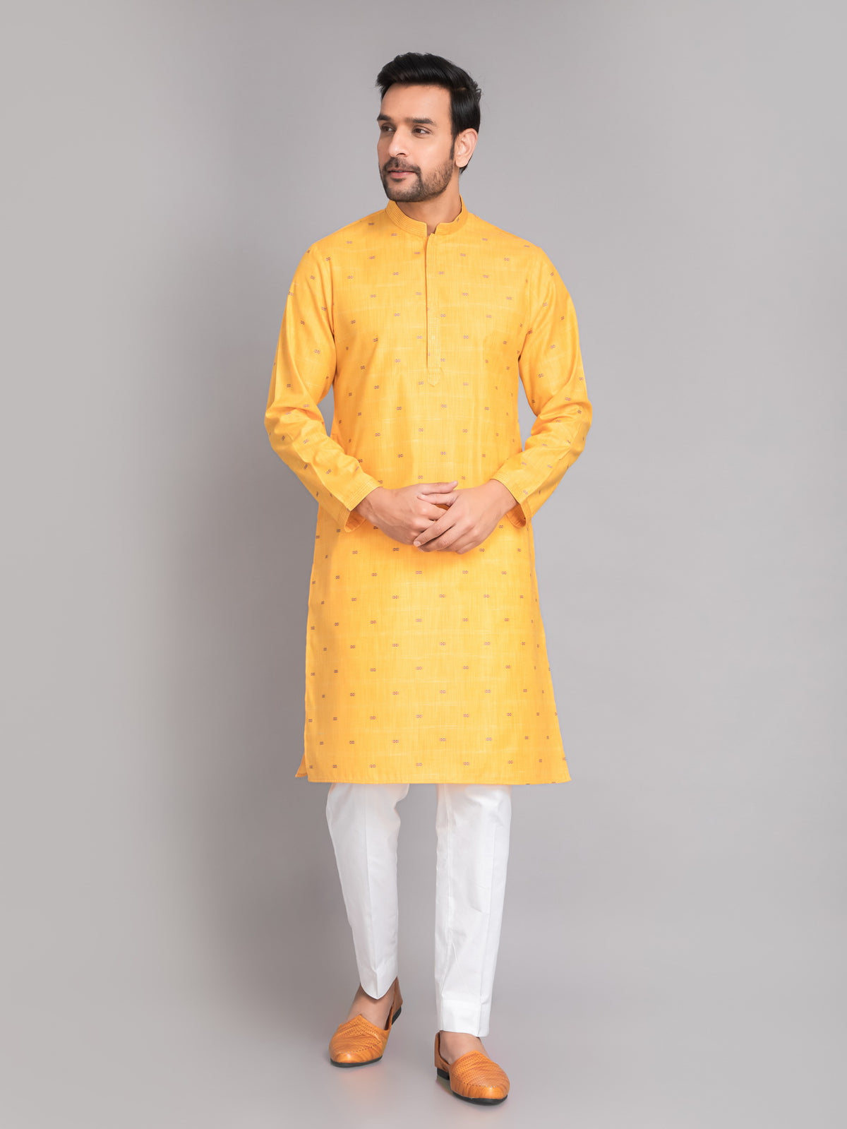 SUTI MEN'S GOLDEN YELLOW CHAMBRY JACQUARD NECKLINE EMBROIDERED LONG KURTA