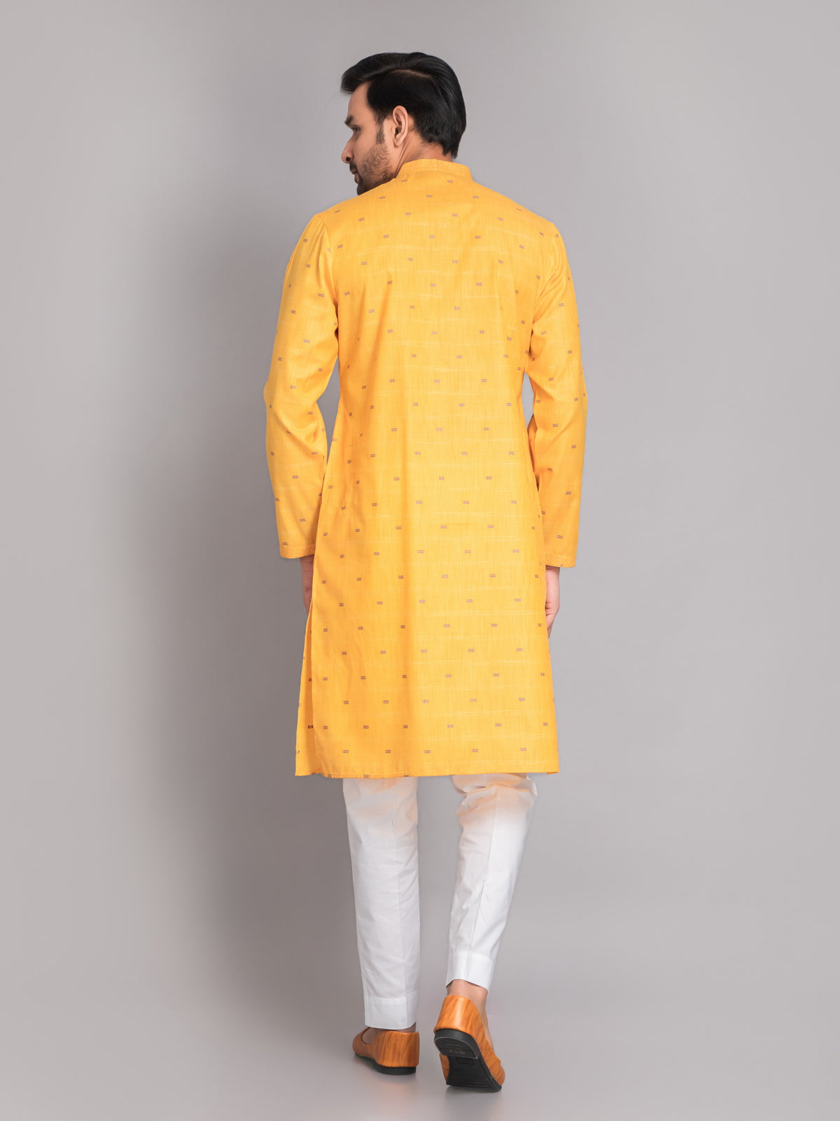 SUTI MEN'S GOLDEN YELLOW CHAMBRY JACQUARD NECKLINE EMBROIDERED LONG KURTA