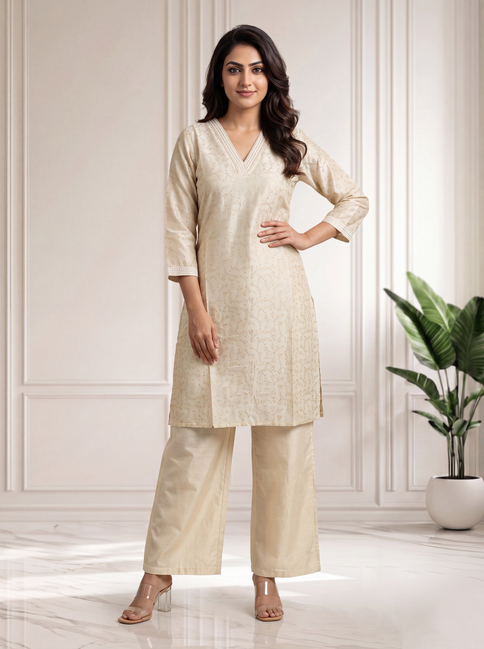 Beige Long Kurti in Chanderi Ethnic