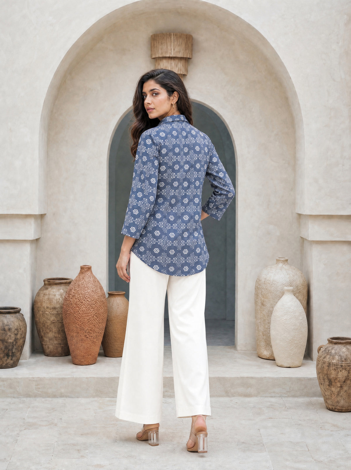 Ensign Blue Rayon Linen Straight Fit Top