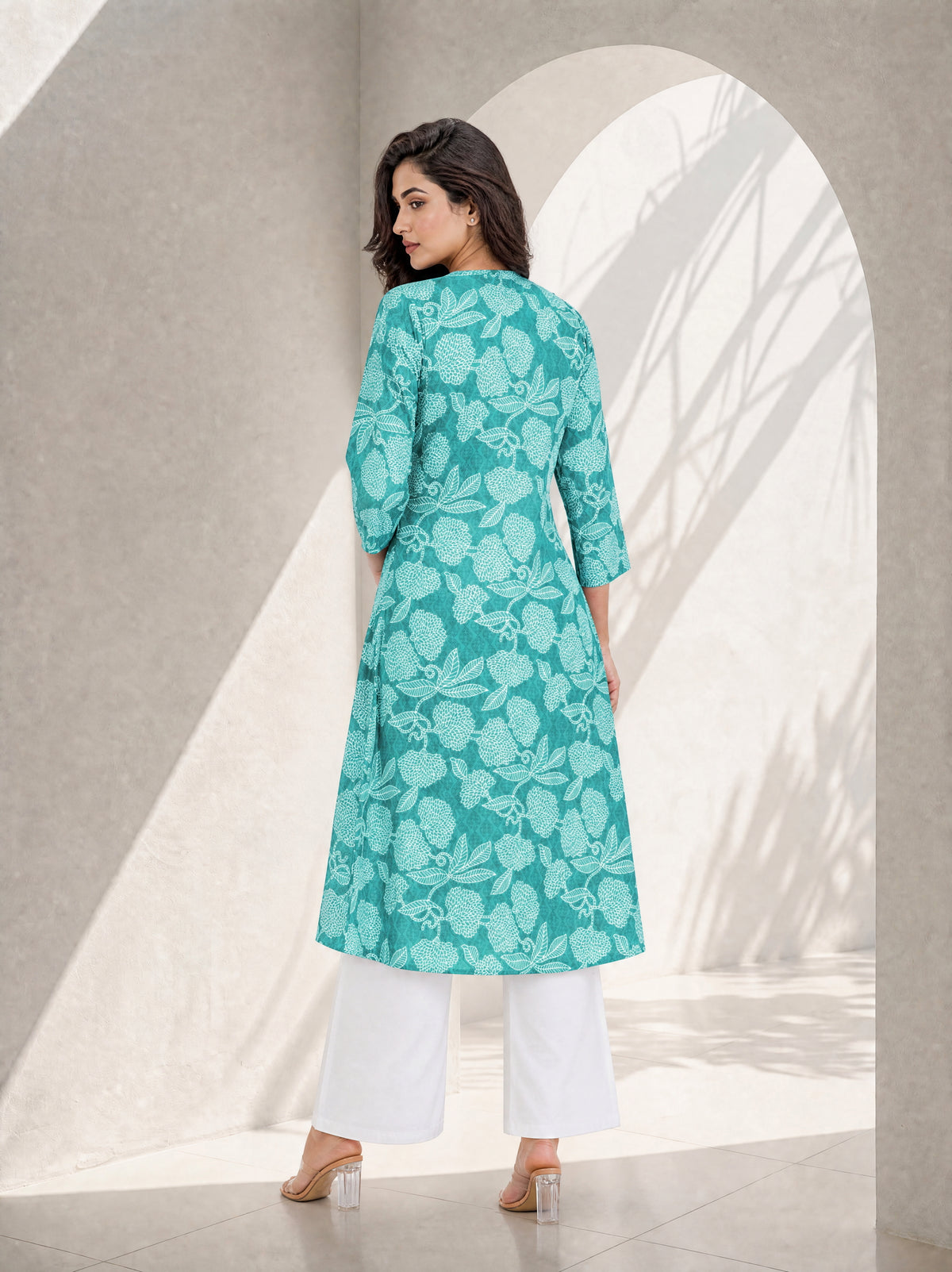 Dark Green Cotton Cambric A-Line Long Kurti with Mandarin Collar