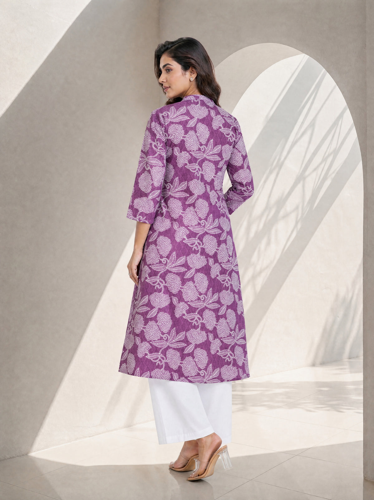 Slate Rose Cotton Cambric A-Line Long Kurti with Mandarin Collar