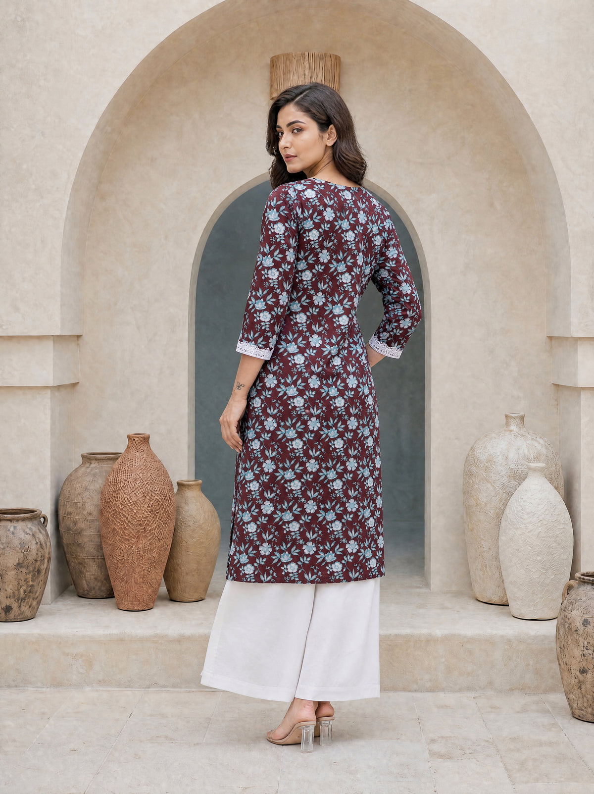 Brown Cotton Cambric Straight Fit Floral Print Long Kurti with Lace