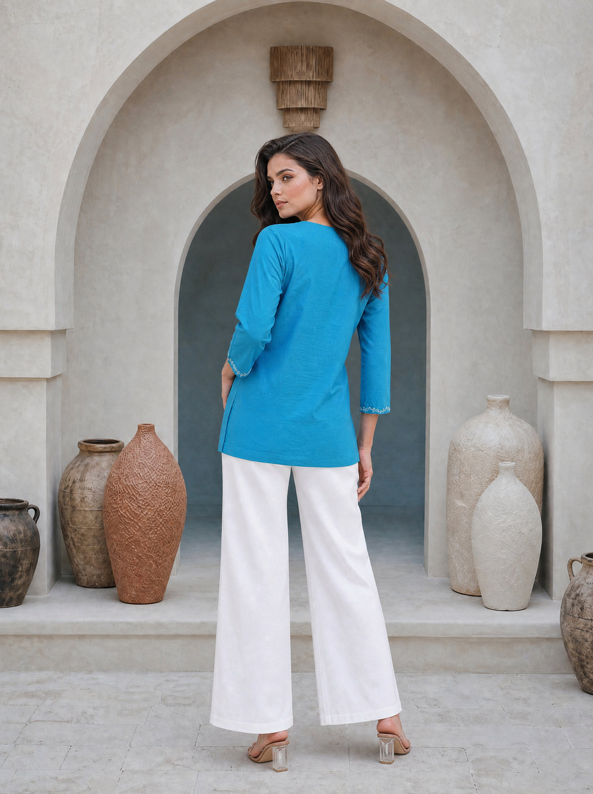 Dream Blue Cotton Cambric Straight Fit Embroidered Short Kurti
