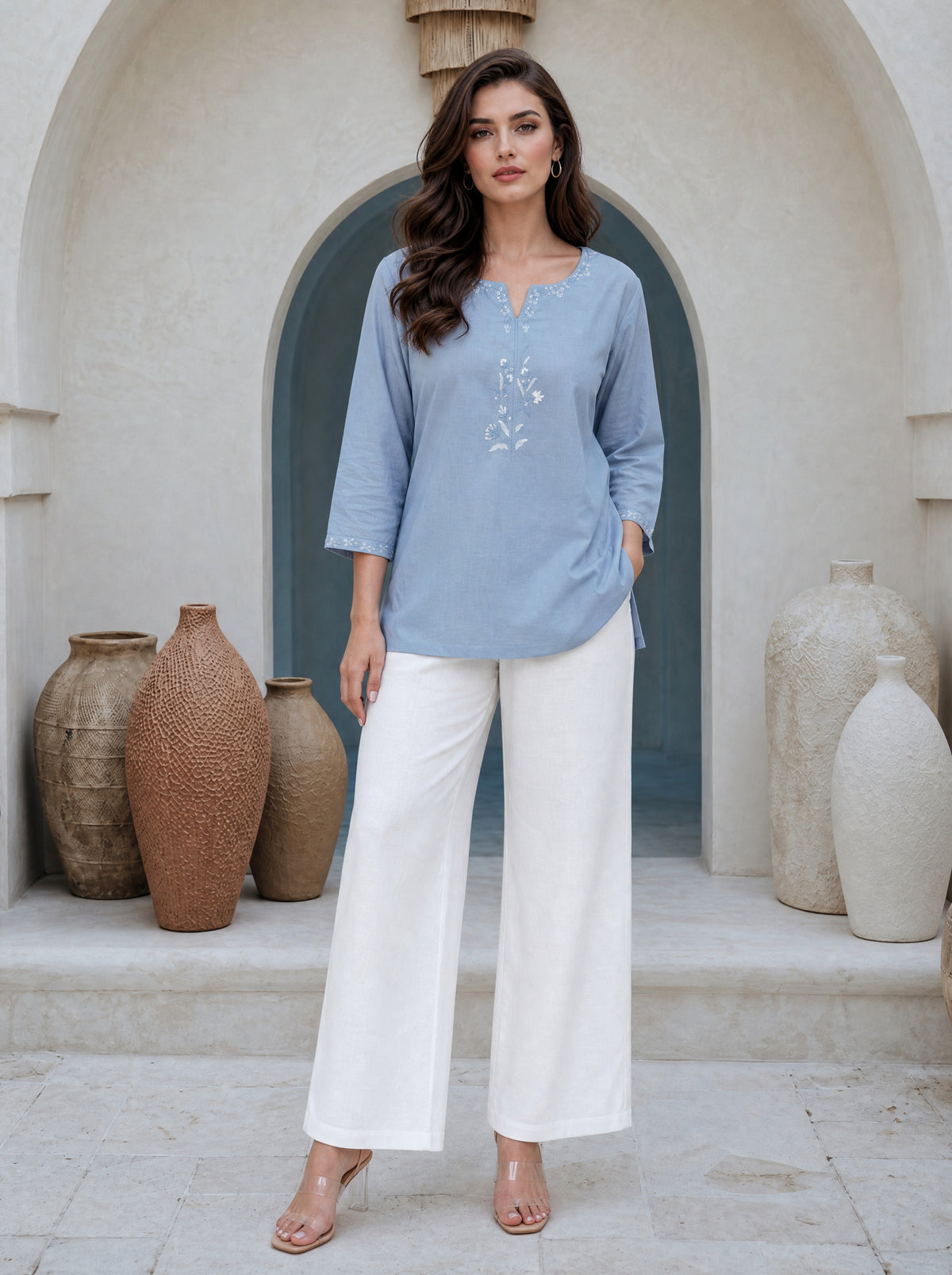 Mosaic Blue Cotton Cambric Straight Fit Embroidered Short Kurti