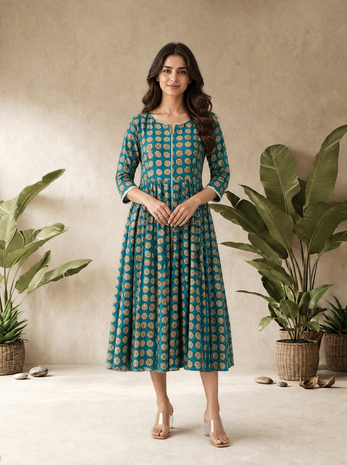 Moroccan Blue Cotton Cambric Flared Dabu Print Anarkali Kurti