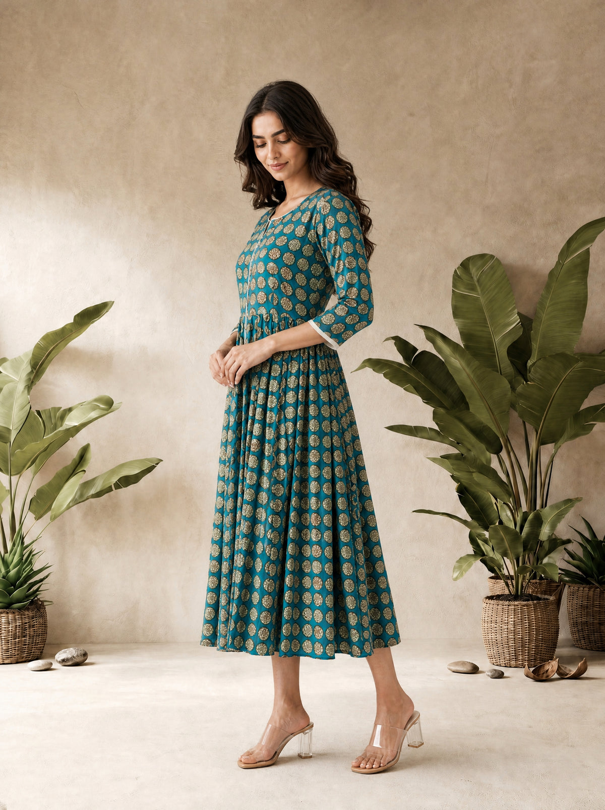 Moroccan Blue Cotton Cambric Flared Dabu Print Anarkali Kurti