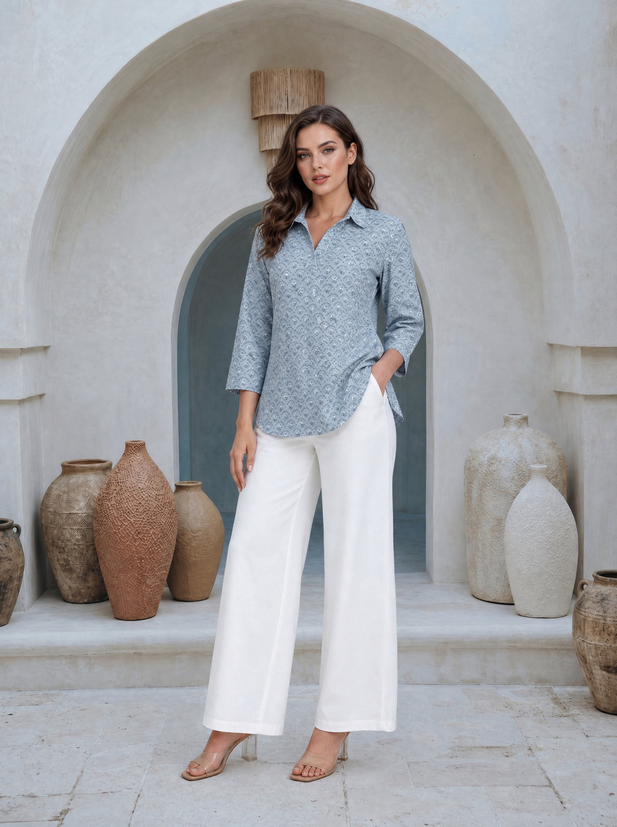 Dream Blue Cotton Linen Regular Fit Floral Print Shirt Top