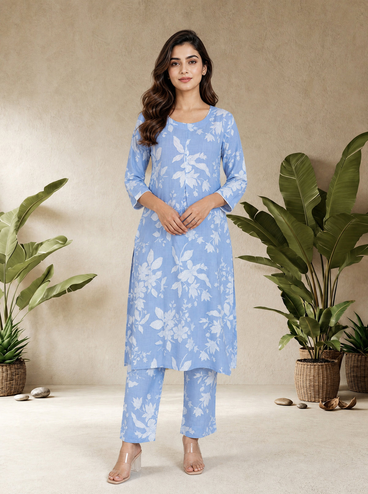 Light Purple Blue Rayon Slub Comfort Fit Floral Print 2 Pcs Kurta Set