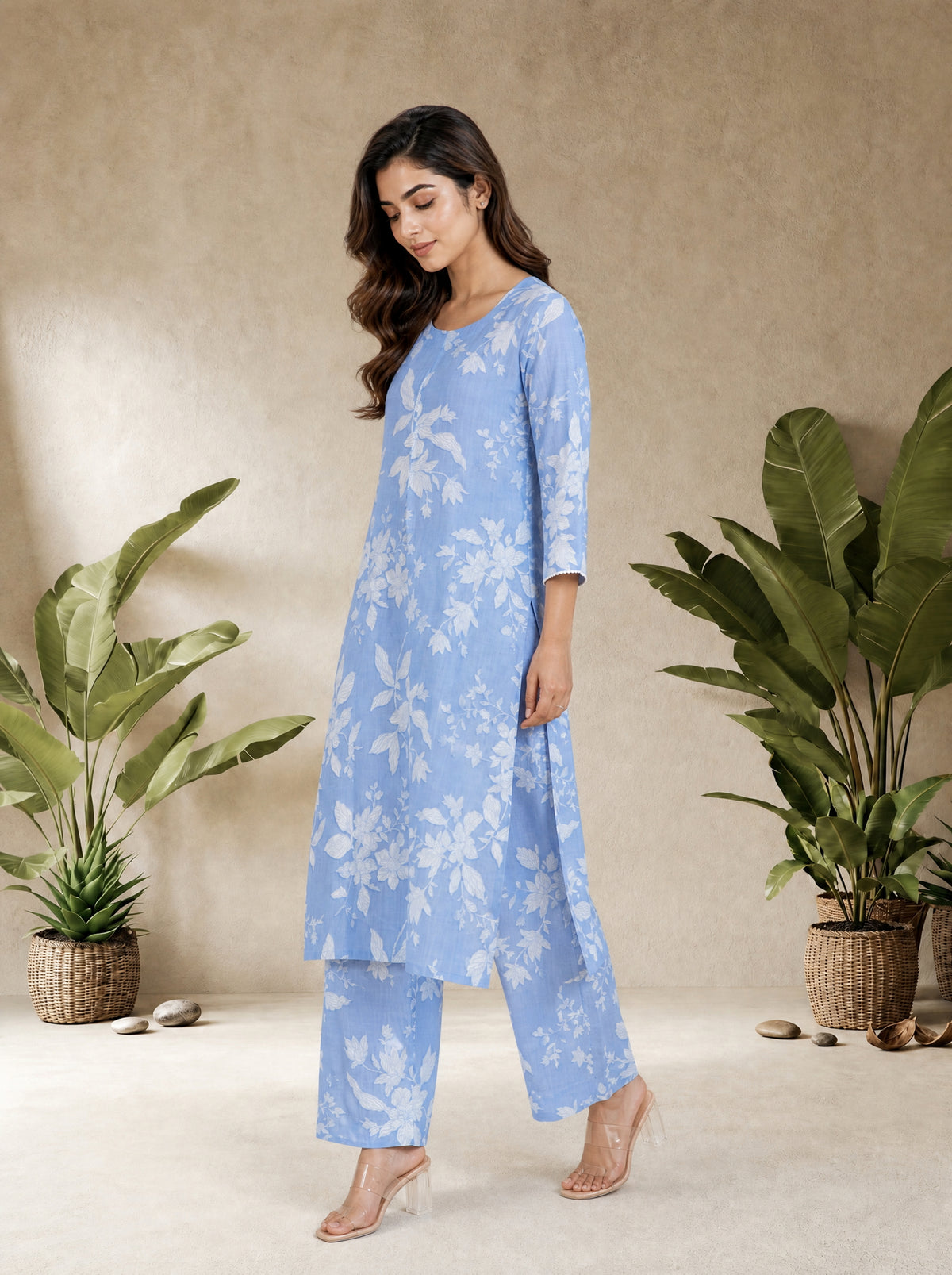 Light Purple Blue Rayon Slub Comfort Fit Floral Print 2 Pcs Kurta Set