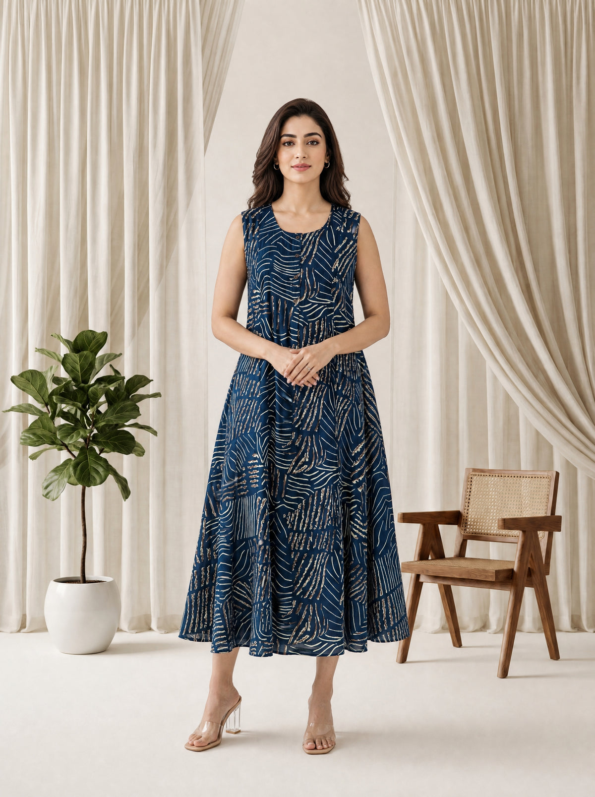 Insignia Blue Rayon Staple Flared Dabu Print Mid-Length Dress