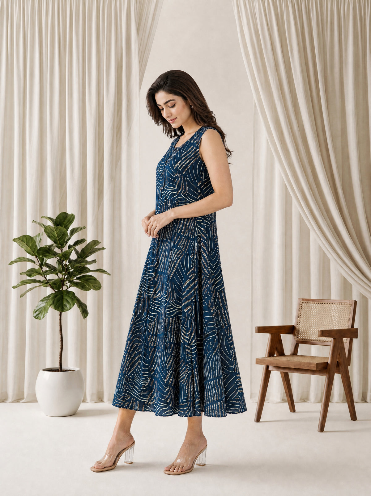 Insignia Blue Rayon Staple Flared Dabu Print Mid-Length Dress