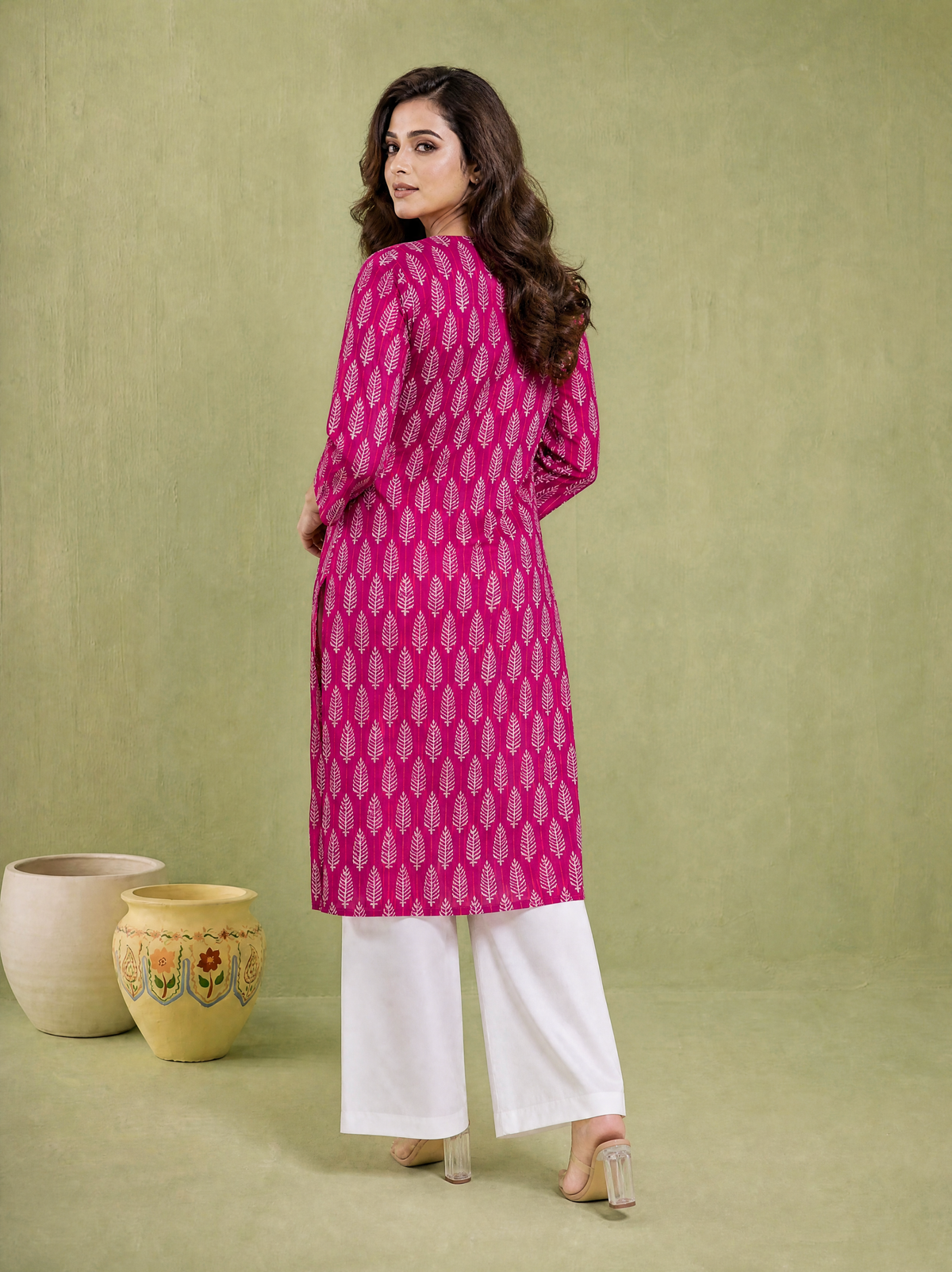 Maroon Red Cotton Straight Fit Long Kurti with Leaf Print