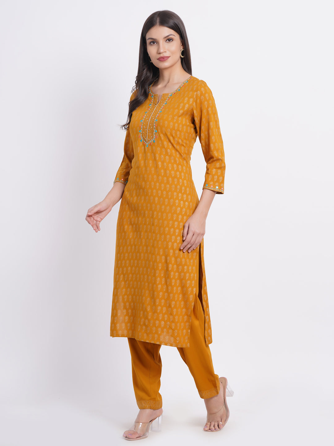 Gold Print Kurti with Handcrafted Embellishments