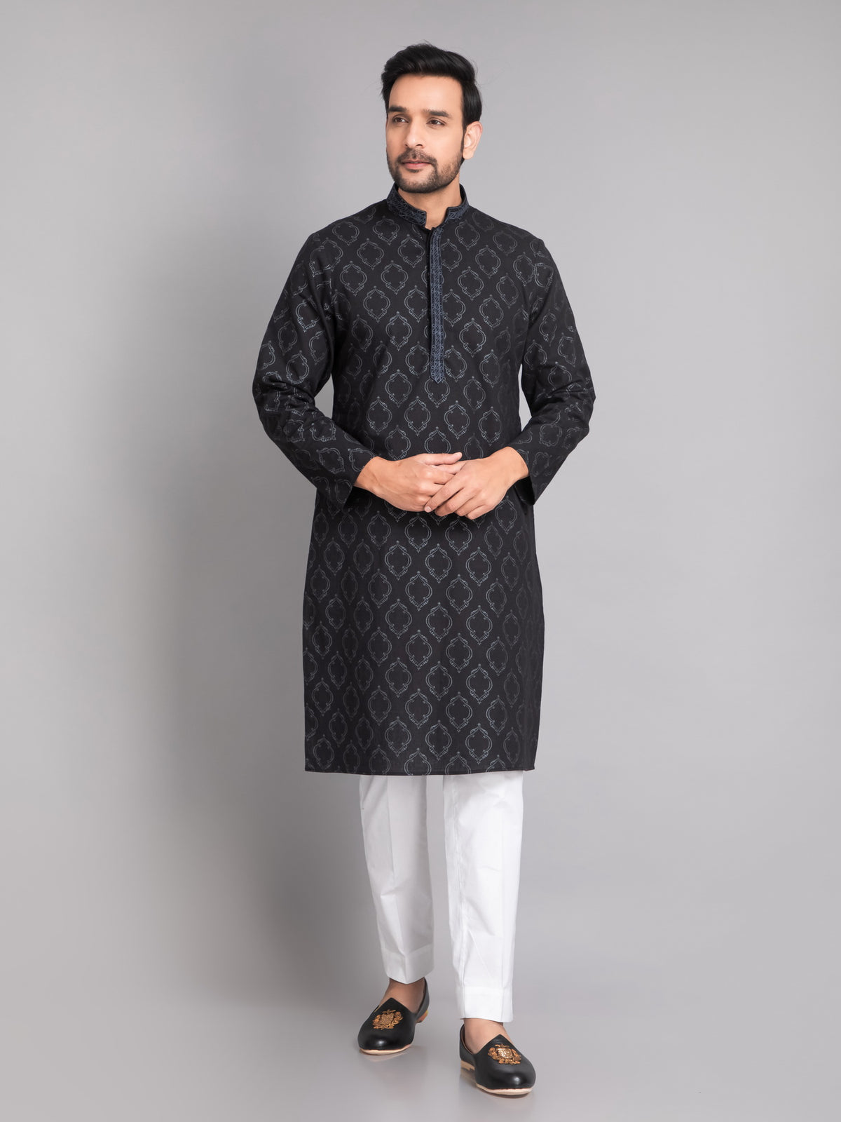 SUTI MEN'S KHADI LINEN GLOSS PRINTED EMBELLISHED WITH BEUTIFUL EMBROIDERED NECKLINE LONG KURTA