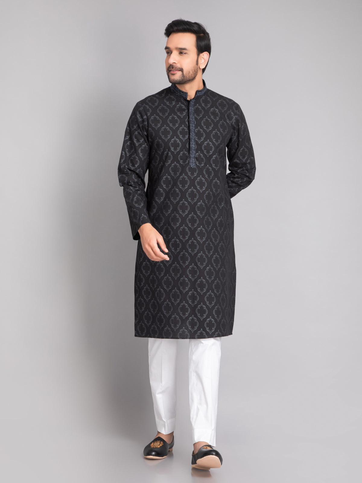 SUTI MEN'S KHADI LINEN GLOSS PRINTED EMBELLISHED WITH BEUTIFUL EMBROIDERED NECKLINE LONG KURTA