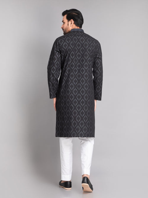 SUTI MEN'S KHADI LINEN GLOSS PRINTED EMBELLISHED WITH BEUTIFUL EMBROIDERED NECKLINE LONG KURTA