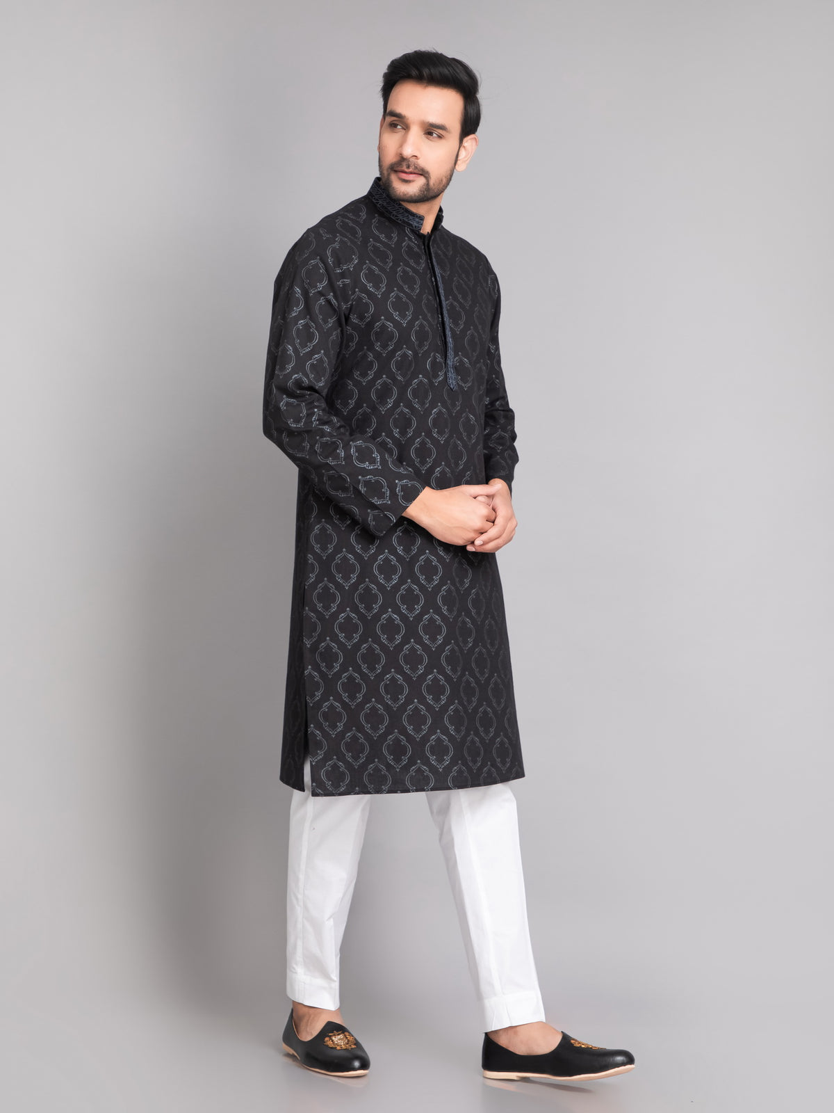 SUTI MEN'S KHADI LINEN GLOSS PRINTED EMBELLISHED WITH BEUTIFUL EMBROIDERED NECKLINE LONG KURTA