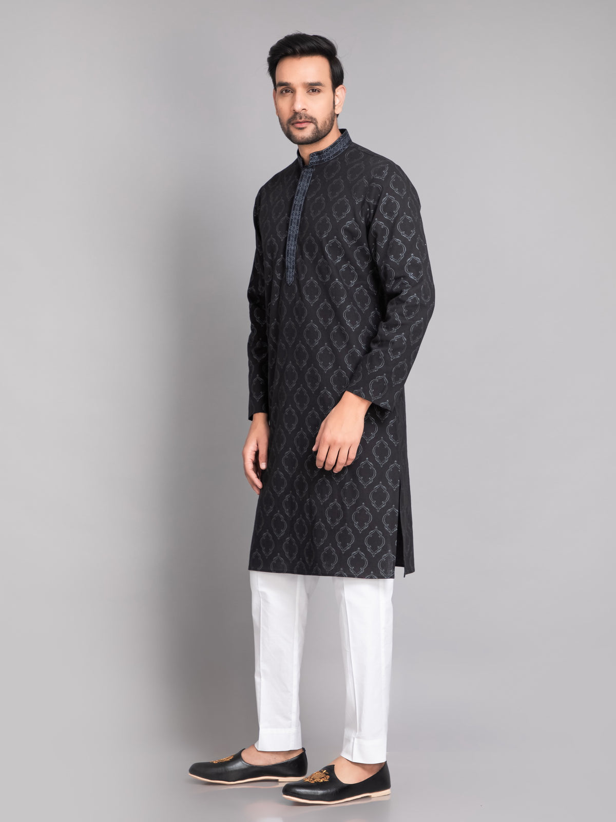 SUTI MEN'S KHADI LINEN GLOSS PRINTED EMBELLISHED WITH BEUTIFUL EMBROIDERED NECKLINE LONG KURTA