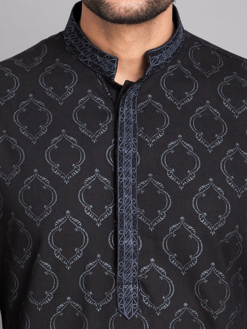 SUTI MEN'S KHADI LINEN GLOSS PRINTED EMBELLISHED WITH BEUTIFUL EMBROIDERED NECKLINE LONG KURTA