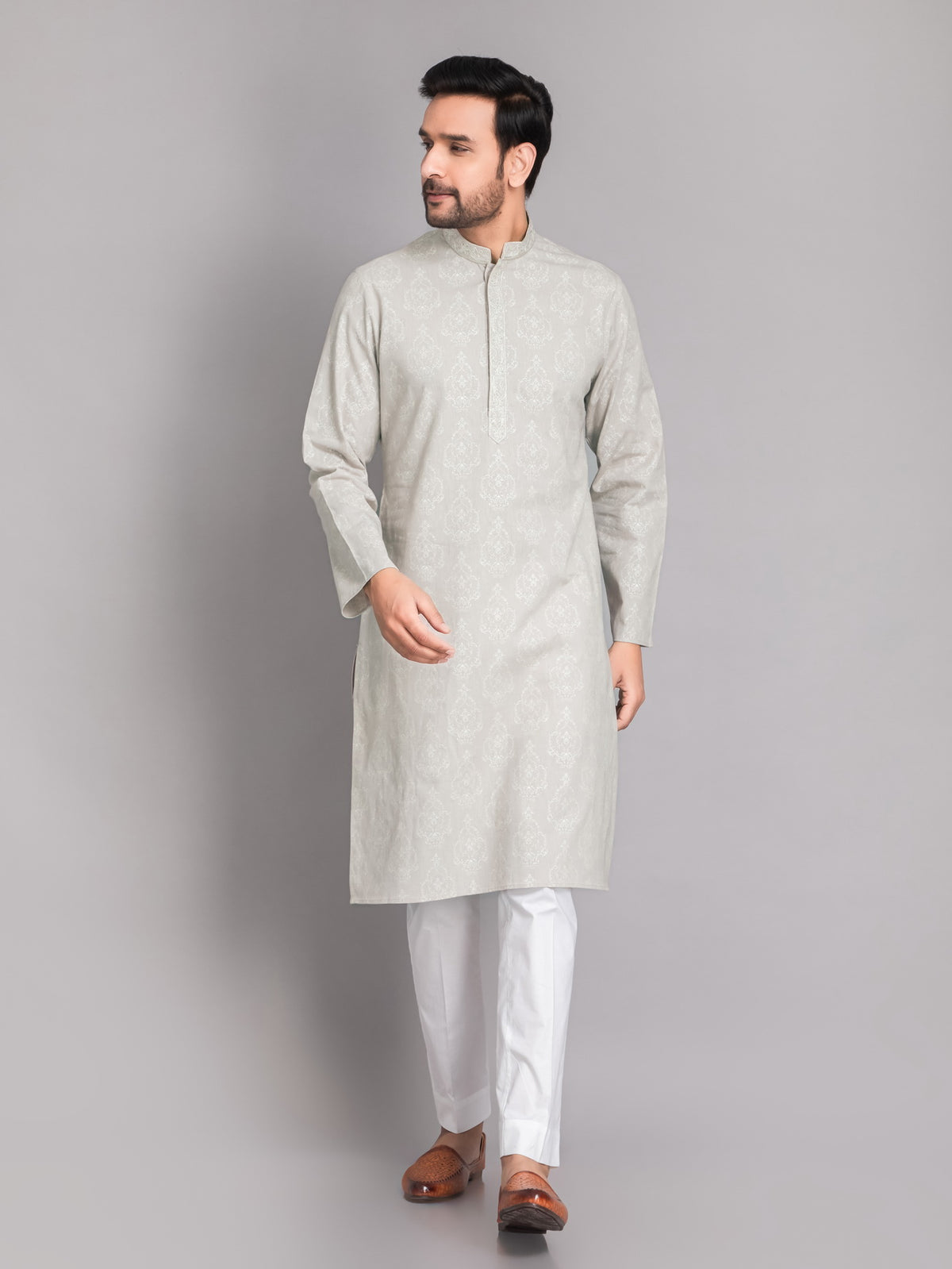 SUTI MEN'S KHADI LINEN LIGHT GRAY PRINTED EMBROIDERED NECK LINE KURTA