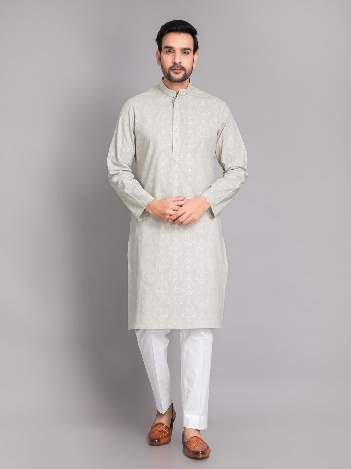 SUTI MEN'S KHADI LINEN LIGHT GRAY PRINTED EMBROIDERED NECK LINE KURTA