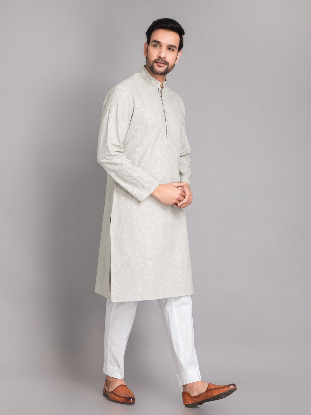 SUTI MEN'S KHADI LINEN LIGHT GRAY PRINTED EMBROIDERED NECK LINE KURTA